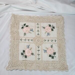 VTG Handmade Embroidered Crochet Pillow Sham Light Pink Flowers Ruffles 14"x 14"